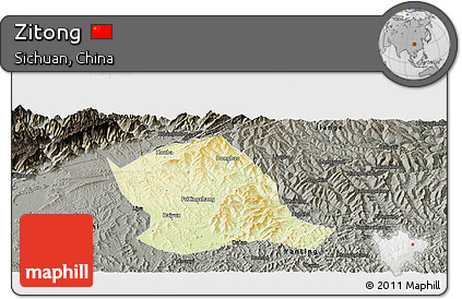 Physical Panoramic Map of Zitong, darken, semi-desaturated
