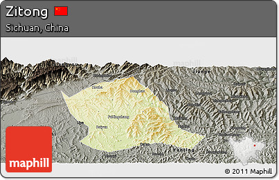 Physical Panoramic Map of Zitong, darken, semi-desaturated