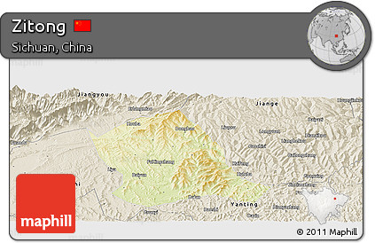Physical Panoramic Map of Zitong, shaded relief outside
