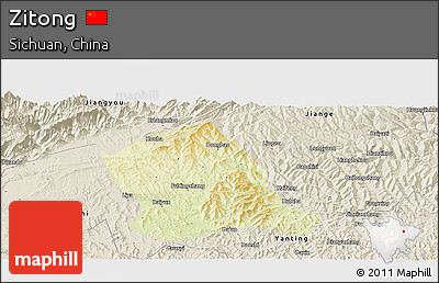 Physical Panoramic Map of Zitong, shaded relief outside