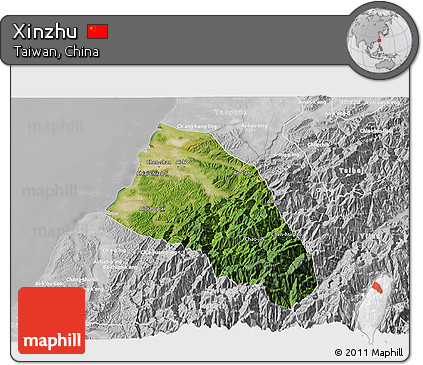 Satellite 3D Map of Xinzhu, lighten, desaturated