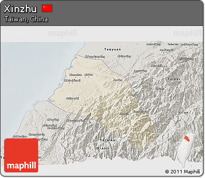Shaded Relief 3D Map of Xinzhu, semi-desaturated