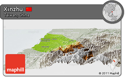 Physical Panoramic Map of Xinzhu, lighten, semi-desaturated