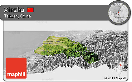 Satellite Panoramic Map of Xinzhu, lighten, desaturated