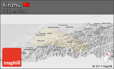 Shaded Relief Panoramic Map of Xinzhu, desaturated