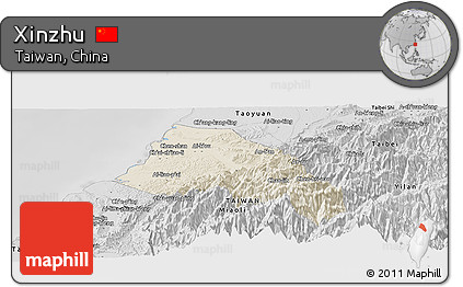 Shaded Relief Panoramic Map of Xinzhu, desaturated