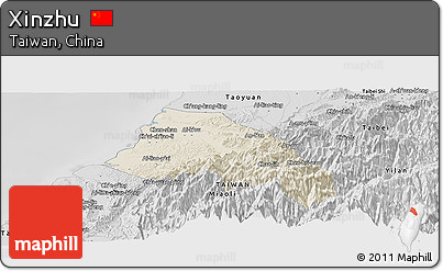 Shaded Relief Panoramic Map of Xinzhu, desaturated