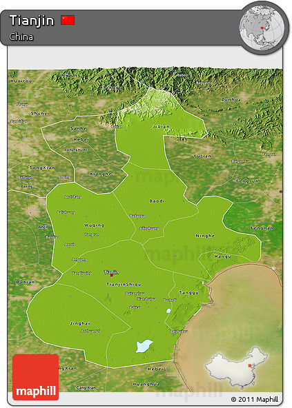 Physical 3D Map of Tianjin, satellite outside