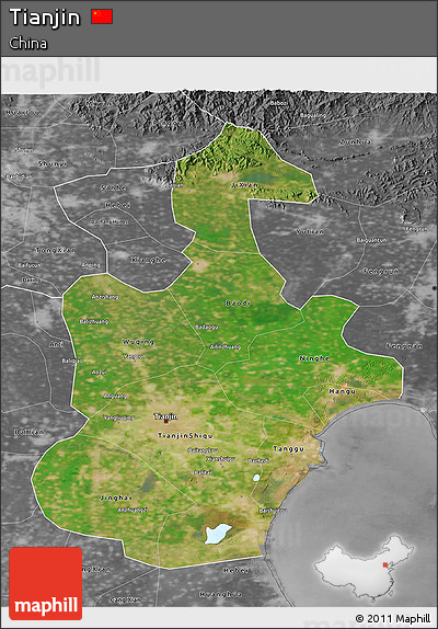 Satellite 3D Map of Tianjin, desaturated