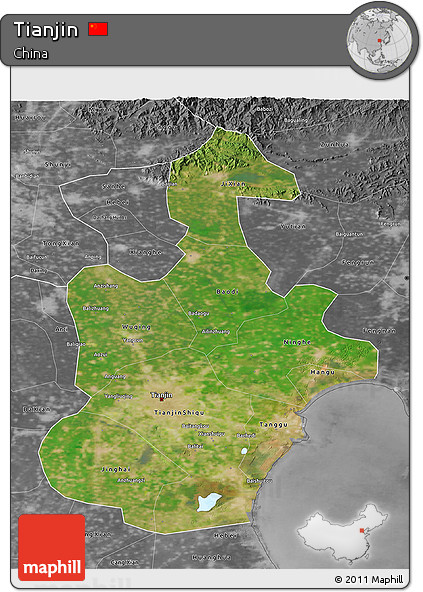 Satellite 3D Map of Tianjin, desaturated