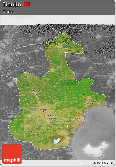 Satellite 3D Map of Tianjin, desaturated
