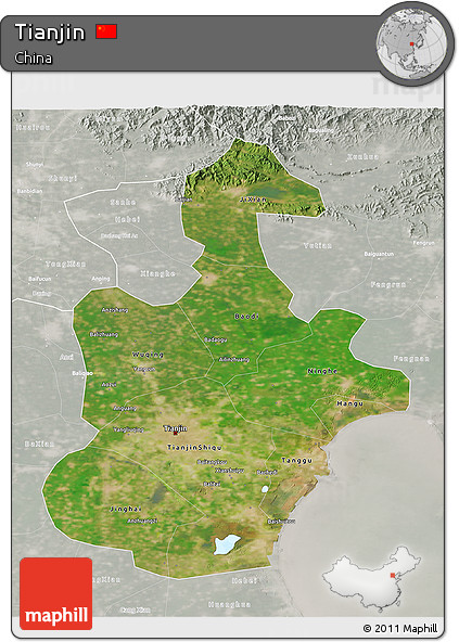 Satellite 3D Map of Tianjin, lighten, semi-desaturated