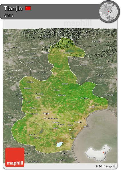 Satellite 3D Map of Tianjin, semi-desaturated