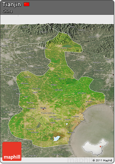 Satellite 3D Map of Tianjin, semi-desaturated