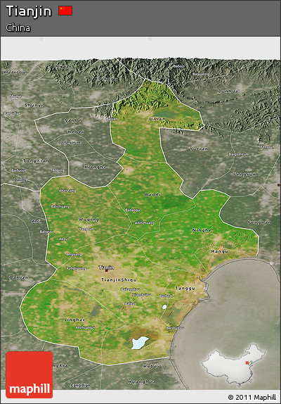 Satellite 3D Map of Tianjin, semi-desaturated