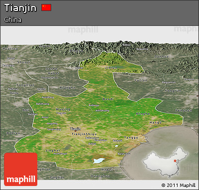 Satellite Panoramic Map of Tianjin, semi-desaturated