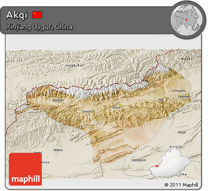 Satellite 3D Map of Akqi, shaded relief outside