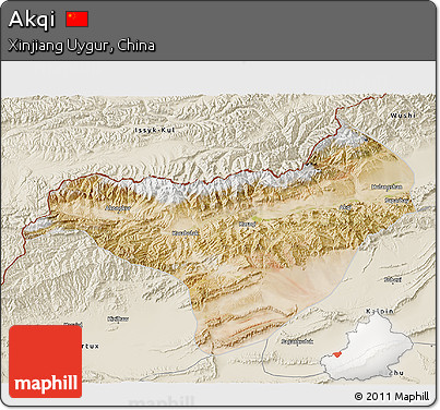 Satellite 3D Map of Akqi, shaded relief outside