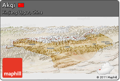 Satellite Panoramic Map of Akqi, lighten