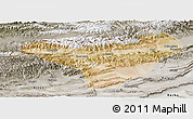 Satellite Panoramic Map of Akqi, semi-desaturated