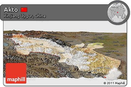 Satellite Panoramic Map of Akto, darken