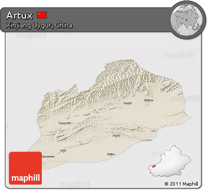 Shaded Relief 3D Map of Artux, single color outside