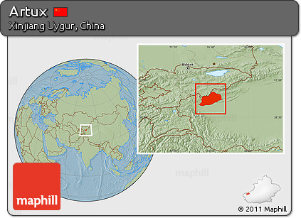 Savanna Style Location Map of Artux, hill shading
