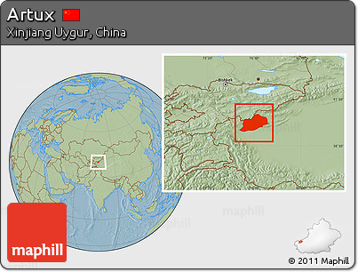 Savanna Style Location Map of Artux, hill shading