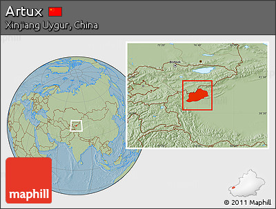 Savanna Style Location Map of Artux, hill shading
