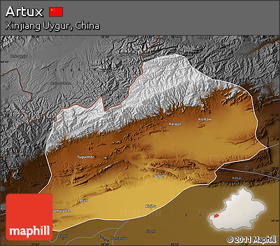 Physical Map of Artux, darken