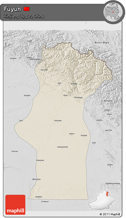 Shaded Relief 3D Map of Fuyun, desaturated