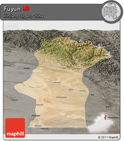 Satellite Panoramic Map of Fuyun, darken, semi-desaturated