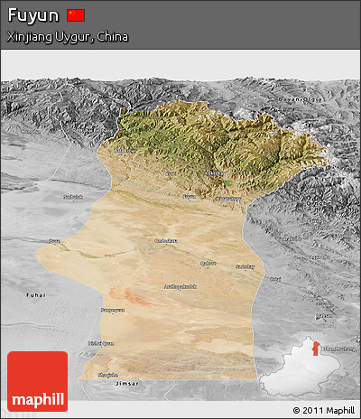 Satellite Panoramic Map of Fuyun, desaturated