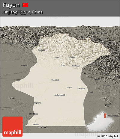 Shaded Relief Panoramic Map of Fuyun, darken