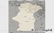 Shaded Relief Panoramic Map of Fuyun, darken, semi-desaturated
