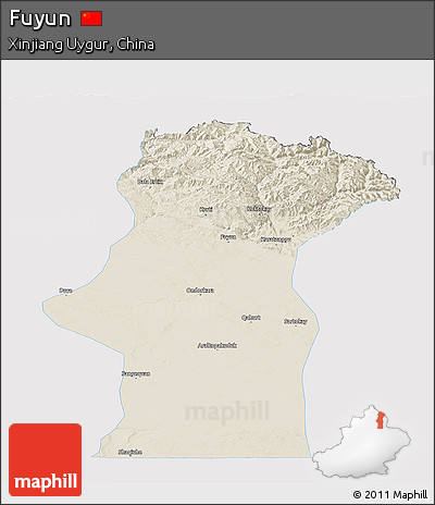 Shaded Relief Panoramic Map of Fuyun, single color outside