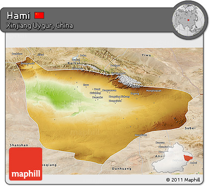 Physical 3D Map of Hami, satellite outside