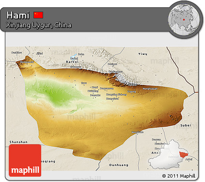 Physical 3D Map of Hami, shaded relief outside