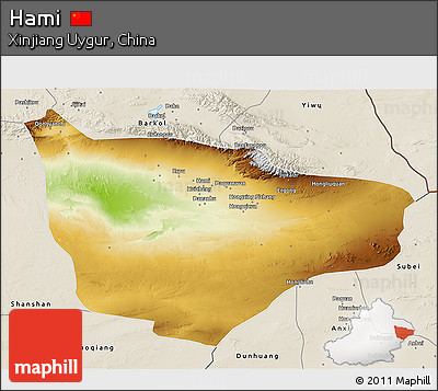 Physical 3D Map of Hami, shaded relief outside