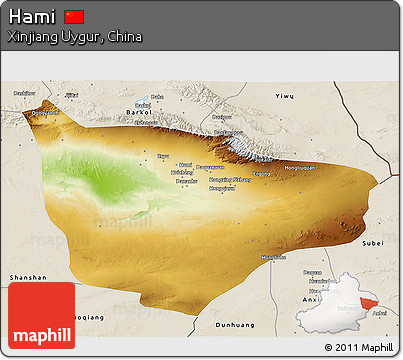 Physical 3D Map of Hami, shaded relief outside