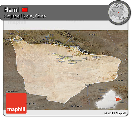 Satellite 3D Map of Hami, darken
