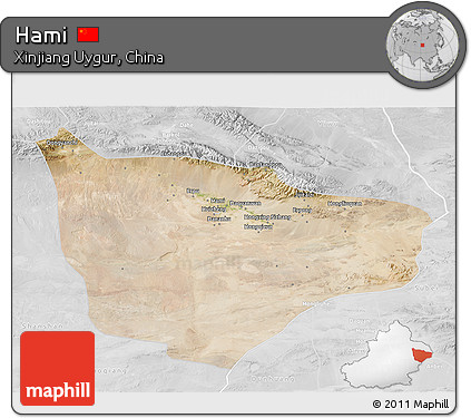 Satellite 3D Map of Hami, lighten, desaturated