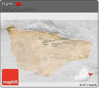 Satellite 3D Map of Hami, lighten, desaturated