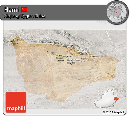 Satellite 3D Map of Hami, lighten, semi-desaturated
