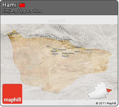 Satellite 3D Map of Hami, lighten, semi-desaturated