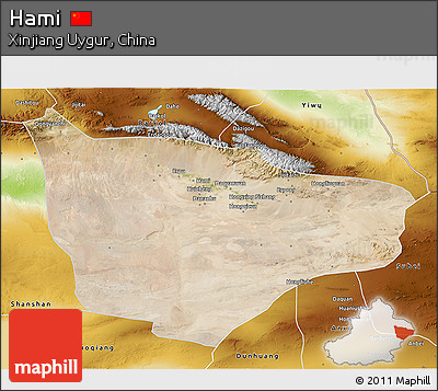 Satellite 3D Map of Hami, physical outside