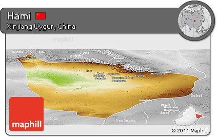 Physical Panoramic Map of Hami, lighten, desaturated