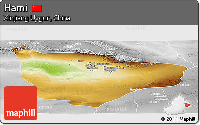 Physical Panoramic Map of Hami, lighten, desaturated