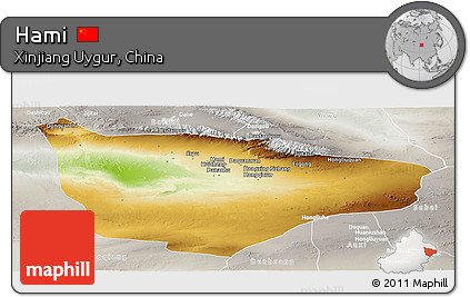 Physical Panoramic Map of Hami, lighten, semi-desaturated