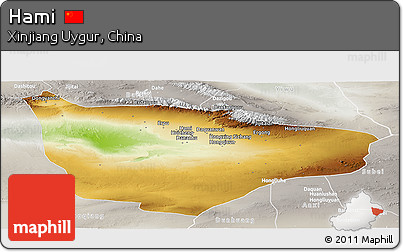 Physical Panoramic Map of Hami, lighten, semi-desaturated